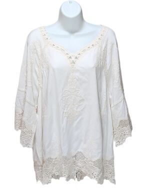 Democracy Embroidered Crochet Lace Boho Blouse Top 3/4 Bell Sleeves Off White 2X